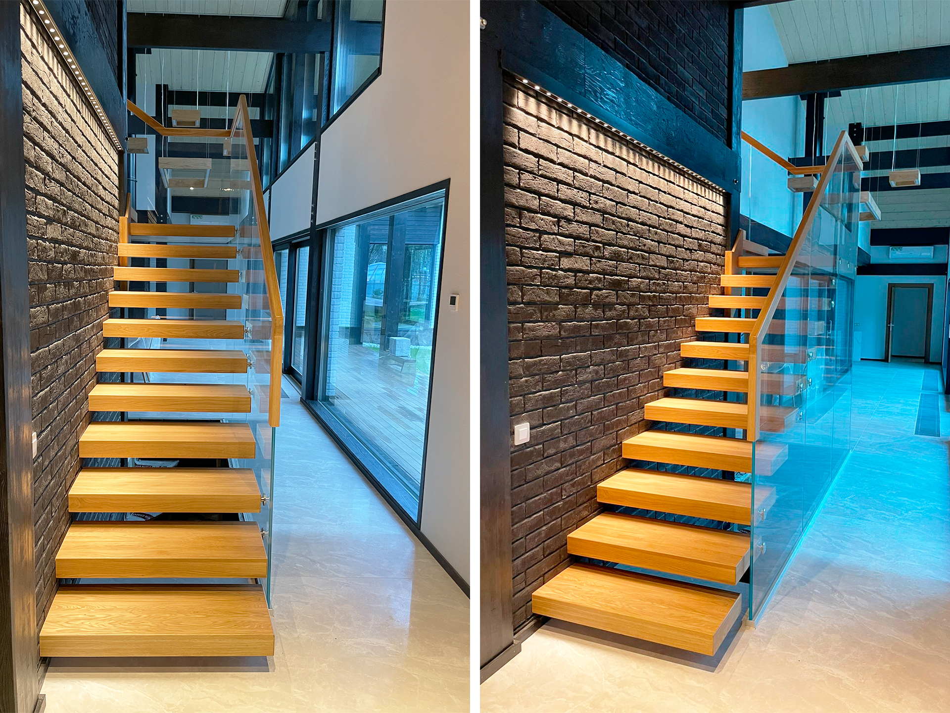 Современная лестница с боковой подсветкой в фахверковом доме