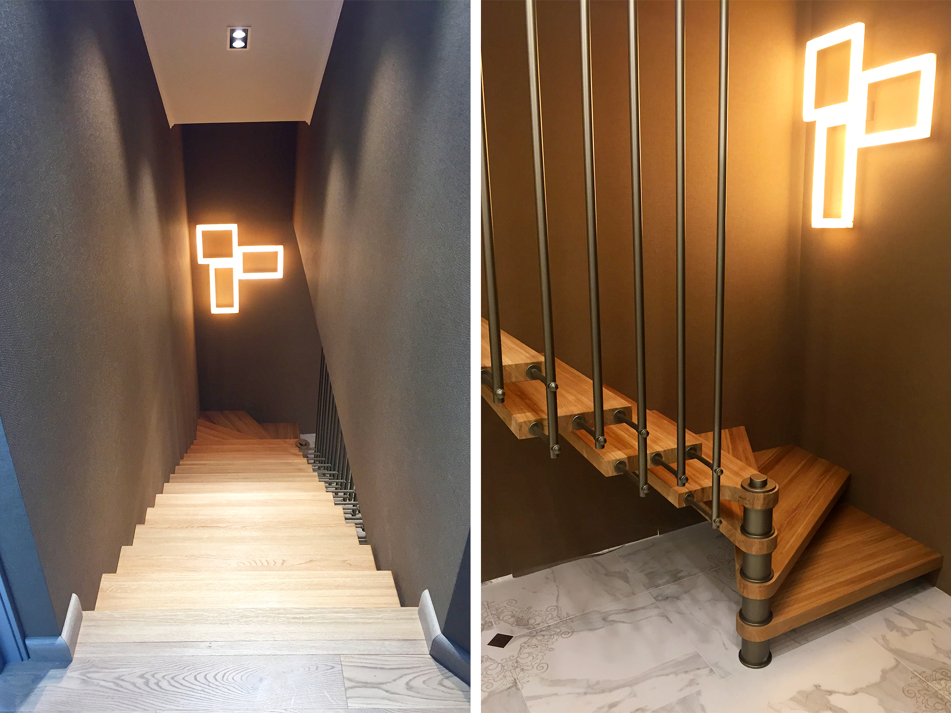 Лестница в стиле хай-тек с декоративным светильником