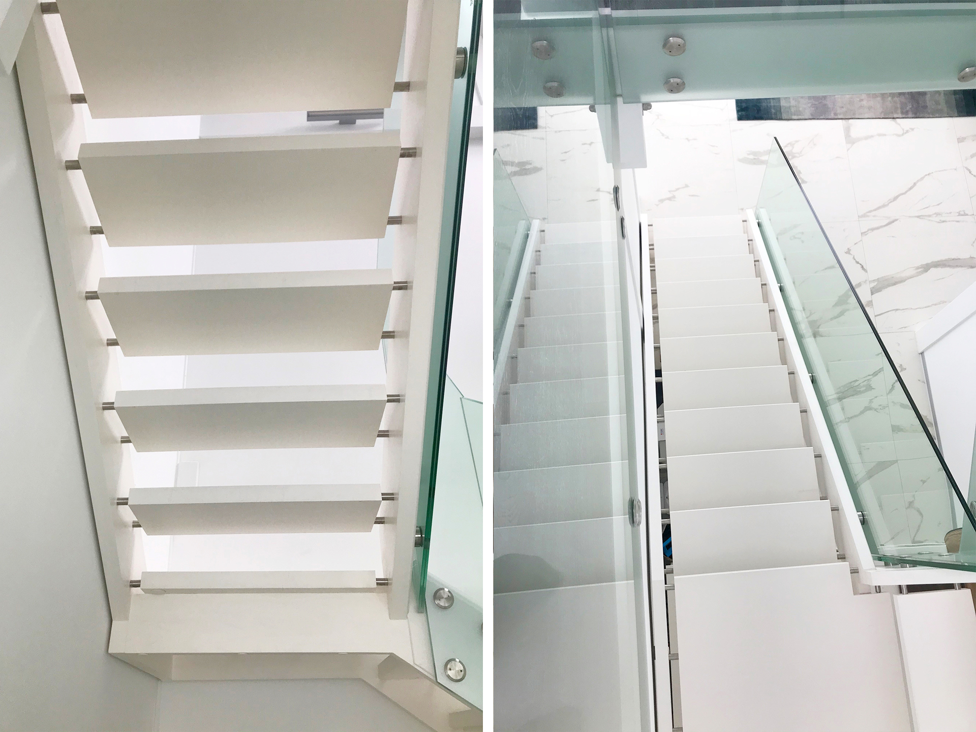 Белая современная лестница со стеклянными ограждениями
