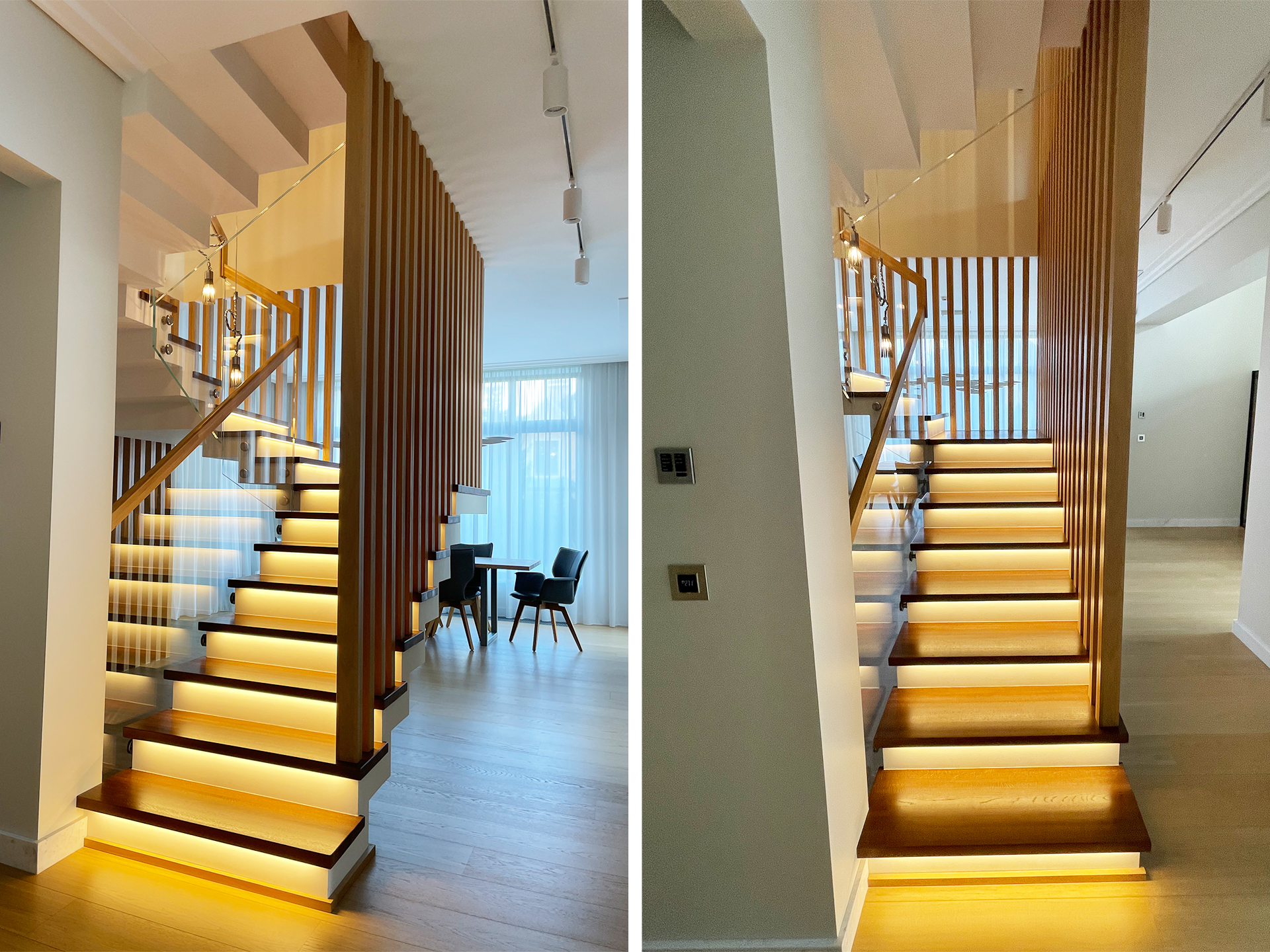Лестница из массива дуба в современном стиле с led-подсветкой ступеней