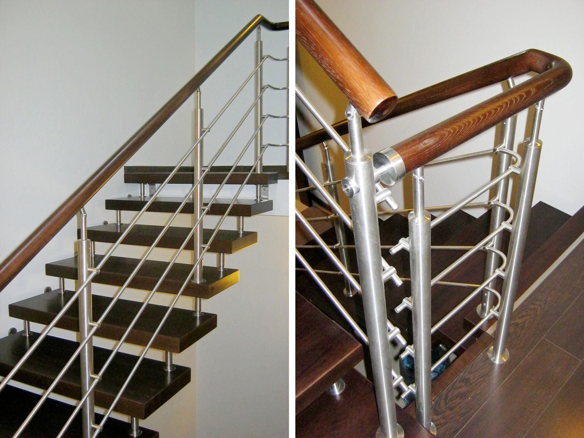 Больцевая лестница с металлическими стойками связанными поручнем из массива дуба