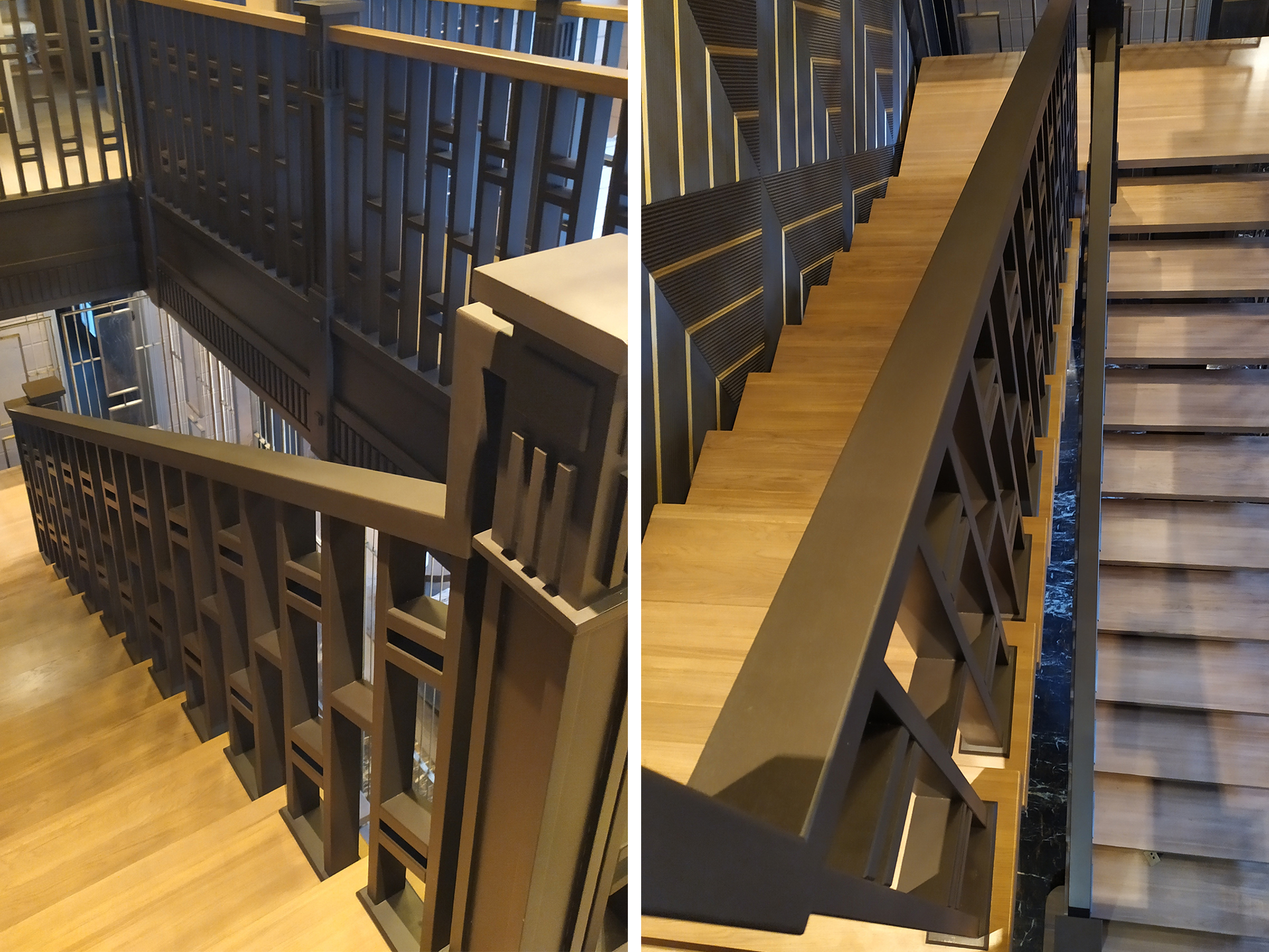 дубовые чёрные ограждения современной лестницы в стиле ар-деко