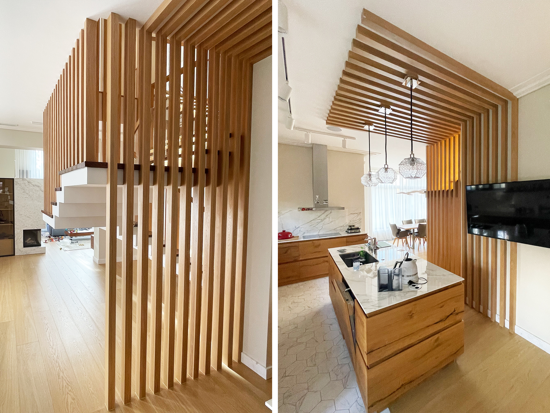 Переход лестницы в стеновую и потолочную панель в зоне кухни